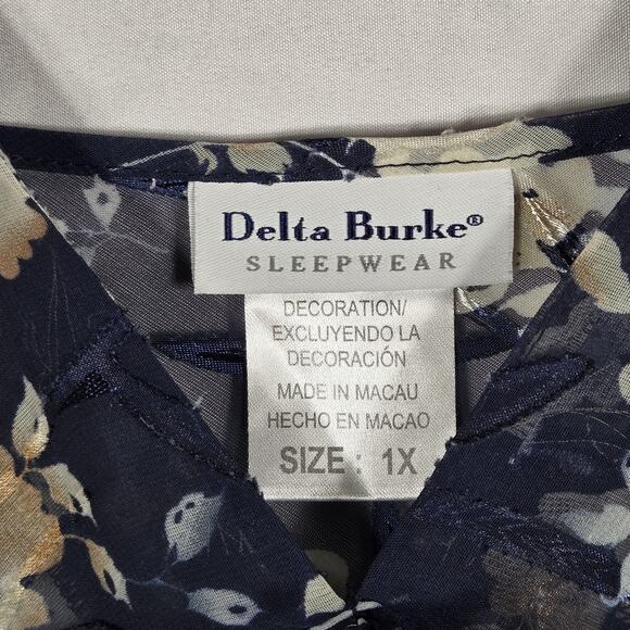 Delta Burke Sleepwear Floral Chiffon Chemise Womens 1X Navy Sheer Nightgown - Picture 4 of 9